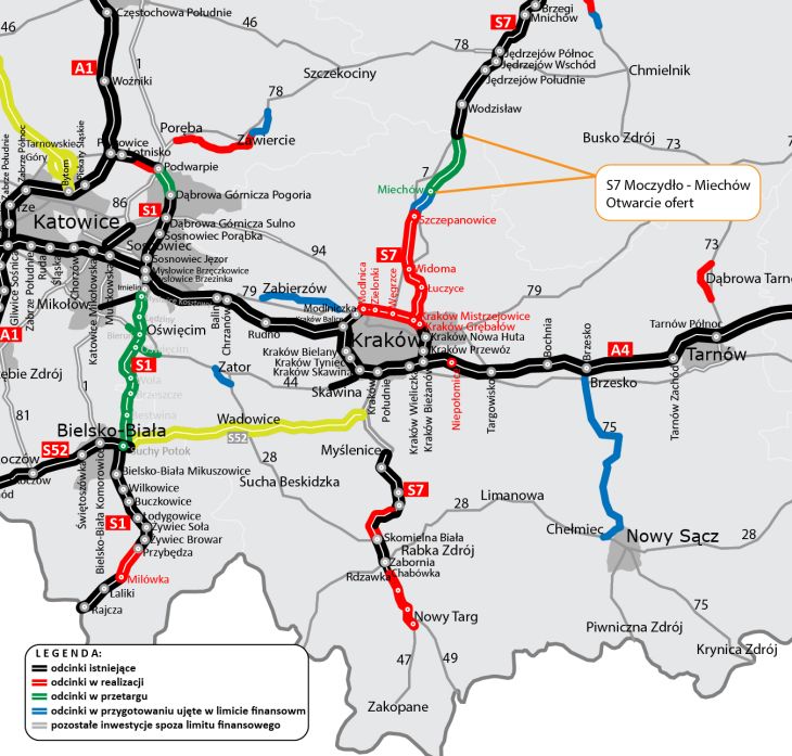 Mapa drogi ekspresowej S7 z odcinkiem Moczydło–Miechów. Źródło: GDDKiA